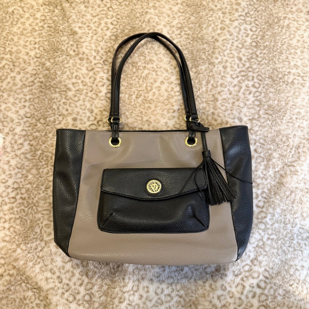 Anne Klein Black Taupe Pebbled Tote Bag Work Purse Large Tassel Officecore